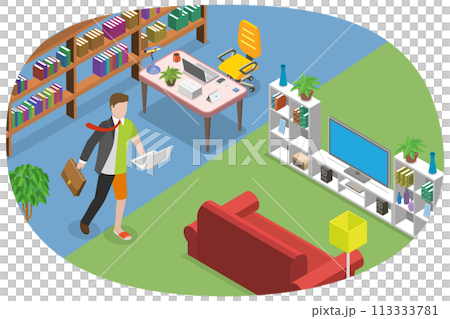 3D Isometric Flat  Conceptual Illustration of Hybrid Office 113333781