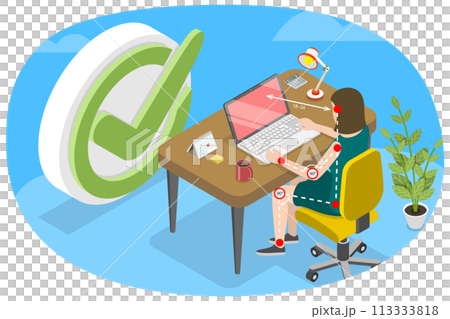 3D Isometric Flat  Conceptual Illustration of Ergonomically Correct Workstation 113333818
