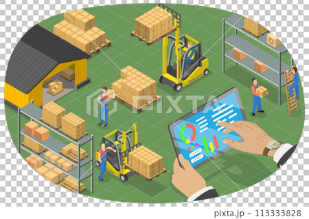 3D Isometric Flat  Conceptual Illustration of Warehouse Management Software 113333828