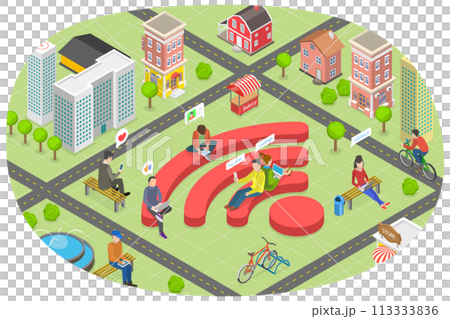 3D Isometric Flat  Conceptual Illustration of City Public WiFi 113333836