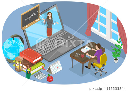 3D Isometric Flat  Conceptual Illustration of Online Classes 113333844