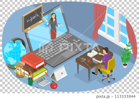 3D Isometric Flat  Conceptual Illustration of Online Classes 113333844