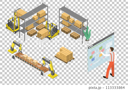 3D Isometric Flat  Conceptual Illustration of Warehouse Automatization 113333864