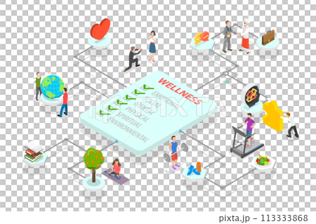 3D Isometric Flat  Conceptual Illustration of Six Dimensions Of Wellness 113333868