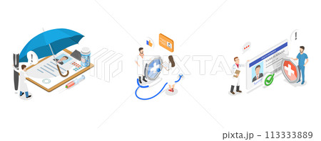 3D Isometric Flat  Conceptual Illustration of Health Insurance Scene Set 113333889