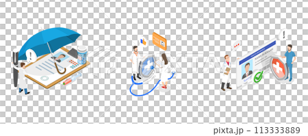 3D Isometric Flat  Conceptual Illustration of Health Insurance Scene Set 113333889