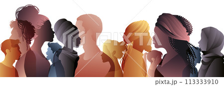 Profile Silhouettes of Men and Women from Diverse Cultures. People diversity. Racial equality anti-racism concept. Social inclusion.Gender equality.Multicultural society. Community 113333910
