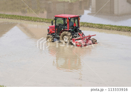 トラクターで代かきをする風景　水田とトラクター　田植えの準備作業　農作業イメージ　イメージ素材 113333916