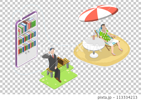 3D Isometric Flat  Conceptual Illustration of Audio Books 113334213