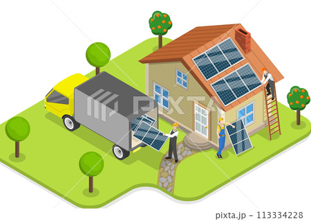 3D Isometric Flat Conceptual Illustration of Installing Alternative Energy Photovoltaic Solar Panels 3D Isometric Flat Conceptual Illustration of Installing Alternative Energy Photovoltaic Solar Panels 113334228