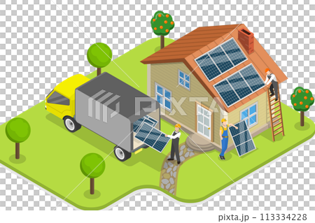 3D Isometric Flat Conceptual Illustration of Installing Alternative Energy Photovoltaic Solar Panels 3D Isometric Flat Conceptual Illustration of Installing Alternative Energy Photovoltaic Solar Panels 113334228
