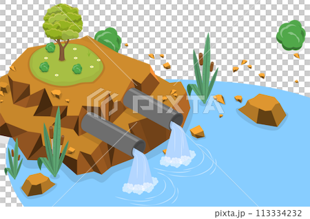 3D Isometric Flat  Conceptual Illustration of Wastewater Pollution 113334232