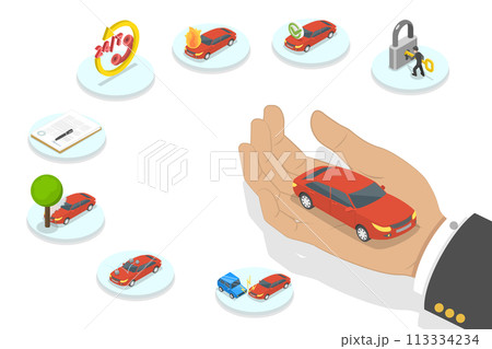 3D Isometric Flat  Conceptual Illustration of Car Insurance Policy 113334234