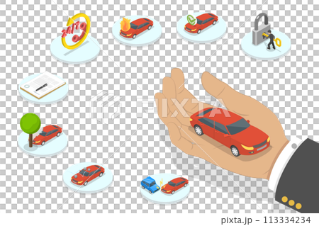 3D Isometric Flat  Conceptual Illustration of Car Insurance Policy 113334234