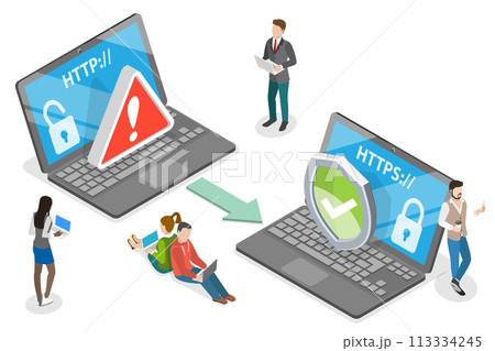 3D Isometric Flat  Conceptual Illustration of HTTP Vs HTTPS Protocol 113334245