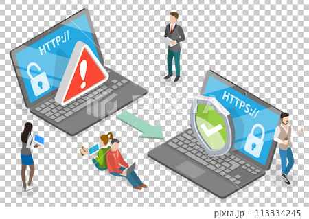 3D Isometric Flat  Conceptual Illustration of HTTP Vs HTTPS Protocol 113334245