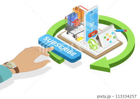 3D Isometric Flat  Conceptual Illustration of Online Subscription 113334257