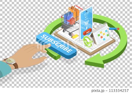 3D Isometric Flat  Conceptual Illustration of Online Subscription 113334257