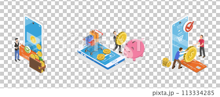 3D Isometric Flat  Conceptual Illustration of Refund And Reversal Transaction 113334285