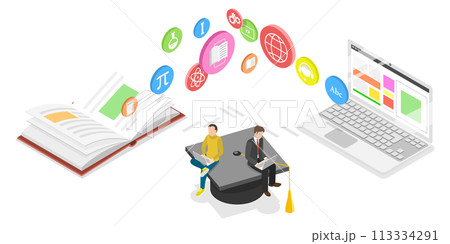 3D Isometric Flat  Conceptual Illustration of E-learning 113334291