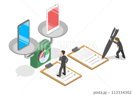 3D Isometric Flat  Conceptual Illustration of Smartphone Comparison 113334302