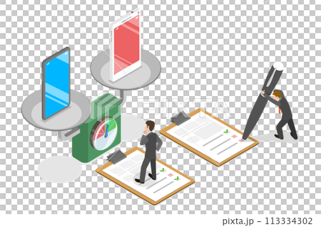 3D Isometric Flat  Conceptual Illustration of Smartphone Comparison 113334302