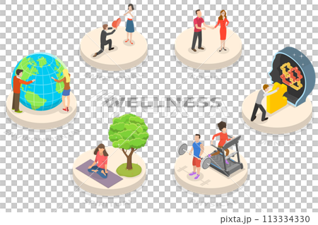 3D Isometric Flat  Conceptual Illustration of Six Dimensions Of Wellness 113334330