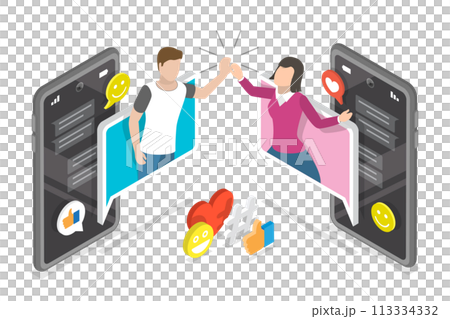 3D Isometric Flat  Conceptual Illustration of Mobile Live Chat 113334332