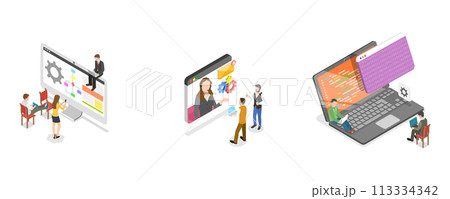 3D Isometric Flat  Conceptual Illustration of Software Development and Integration 113334342