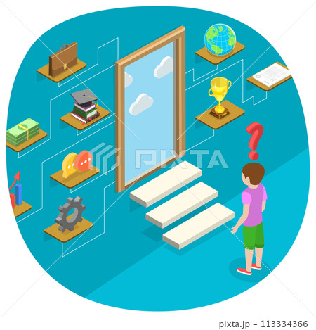 3D Isometric Flat Conceptual Illustration of Child Educatioin Choice-Making 3D Isometric Flat Conceptual Illustration of Child Educatioin Choice-Making 113334366
