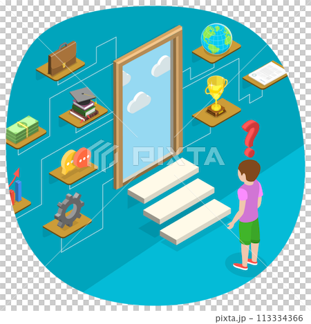 3D Isometric Flat Conceptual Illustration of Child Educatioin Choice-Making 3D Isometric Flat Conceptual Illustration of Child Educatioin Choice-Making 113334366