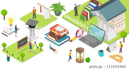 3D Isometric Flat  Conceptual Illustration of University Campus 113334368