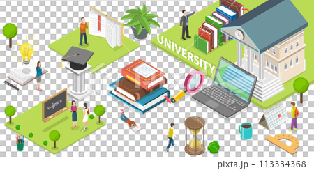 3D Isometric Flat  Conceptual Illustration of University Campus 113334368