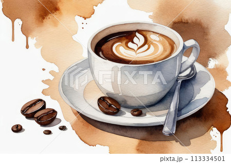 Watercolor composition with cup of coffe with latte art on white background. 113334501