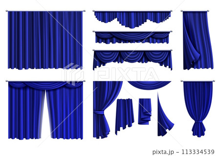 Blue curtain. Theatre and cinema stage decoration. Different textile drapery. Silk or velvet texture. Luxury home window interior. Hanging cloth vintage. Realistic isolated elements. Vector set Blue curtain. Theatre and cinema stage decoration. Different textile drapery. Silk or velvet texture. Luxury home window interior. Hanging cloth vintage. Realistic isolated elements. Vector set 113334539