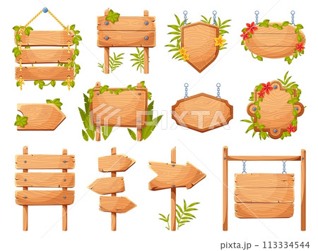 Cartoon tropical plants sign boards. Wooden empty banners, entwined with vines ui games elements, jungle flora frames and panels, hanging and standing blank signboards, vector isolated set 113334544