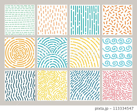 Cute doodle textures. Abstract patterns, hand drawn dashes, twisting, straight and curved lines, simple minimalistic elements. Flat scribble Geometric shapes. Simple background. Vector set 113334547