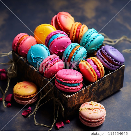 Colorful macarons in a box, sprinkles scattered around. 113334646