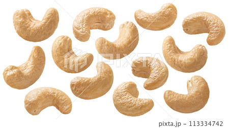 Cashew set isolated on white background. Single nuts, perfectly lit. Package deisgn elements Cashew set isolated on white background. Single nuts, perfectly lit. Package deisgn elements 113334742
