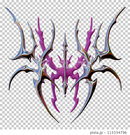Neo tribal 3D shape, y2k acid gothic chrome ornament, abstract dark silver glossy symmetry form. Neo tribal 3D shape, y2k acid gothic chrome ornament, abstract dark silver glossy symmetry form. 113334796
