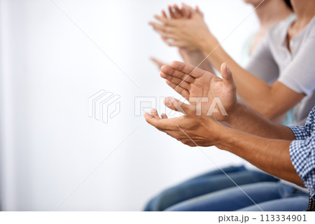 Business meeting, hands and people with applause in support of conference, success or motivation zoom. Clapping, audience and closeup of crowd with praise for thank you, congratulations or welcome Business meeting, hands and people with applause in support of conference, success or motivation zoom. Clapping, audience and closeup of crowd with praise for thank you, congratulations or welcome 113334901