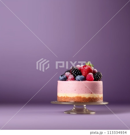 A raspberries and blackberries cheesecake on a vibrant pink background A raspberries and blackberries cheesecake on a vibrant pink background 113334934