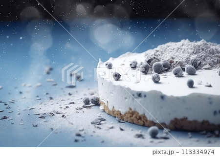 A blueberries cheesecake presented on a dark backdrop. 113334974