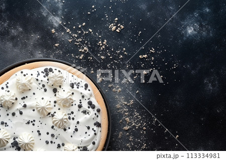 A chocolate cheesecake on a dark surface. 113334981