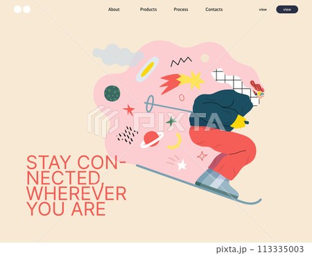 Life Unframed: Cosmic skier -modern flat vector concept illustration of a man skiing in the space. Metaphor of unpredictability, imagination, whimsy, cycle of existence, play, growth and discovery 113335003