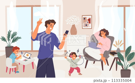 Advanced family using gadgets. Happy children and parents listen to music at home. People draw or communicate on social networks. Modern mobile devices users. Garish vector concept 113335004