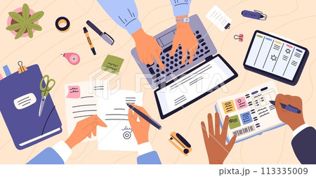 Business hands write and work with laptop. People in office draw up and sign documents. Desktop view from above. Employees planning job. Businessman workplace. Garish vector concept 113335009