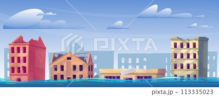 Flood in city. Natural disaster. Houses or buildings destroyed by water. Abandoned urban landscape. Environment collapse. Crumbling architecture. Climate catastrophe. Vector concept 113335023