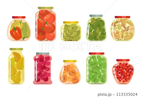 Glass jars with preserved vegetables. Compotes and pickles. Winter food preparation. Homemade sweet berry jams. Marinated cucumbers or tomatoes. Kitchen containers. Splendid vector set 113335024