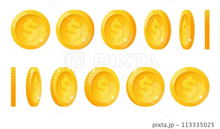 Gold coin. Money vertical rotating in different positions. Currency cash various angles for animation. Metal dollar sign flip. Golden token turn process. Finance pay. Vector financial set 113335025